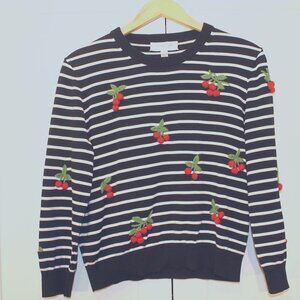 Michael Kors Black & White Striped Sweater with Raised Cherry Accents – Size L